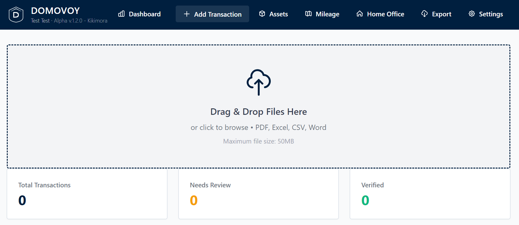 Domovoy dashboard showing drag and drop file import and transaction overview