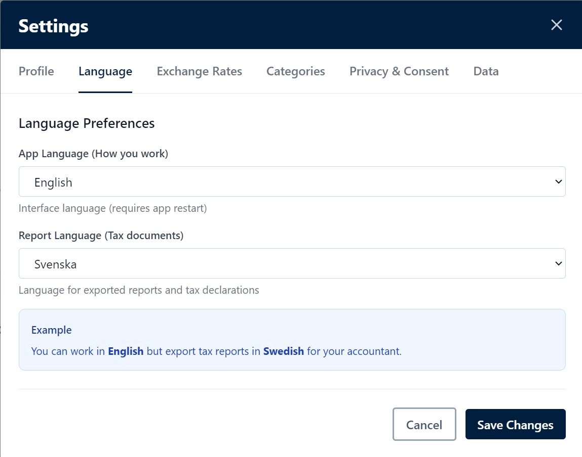 Domovoy language settings showing separate app language and tax report language